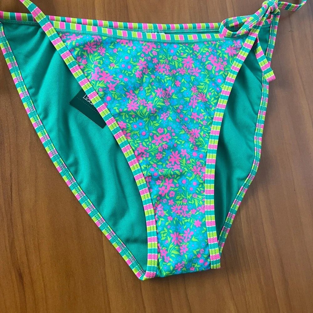 Wild Fable Floral Green Bikini Bottom High Leg Stripe Side Tie Low Rise Cheeky M